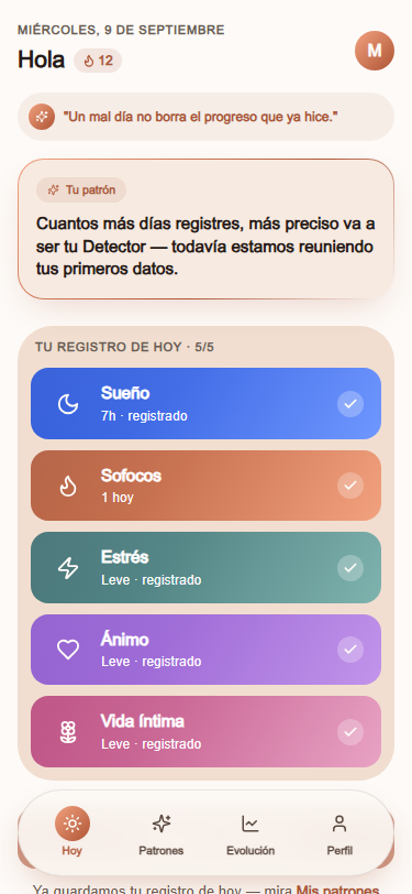 La pantalla Hoy de Zira Health mostrando la burbuja de patrón detectado y el registro diario